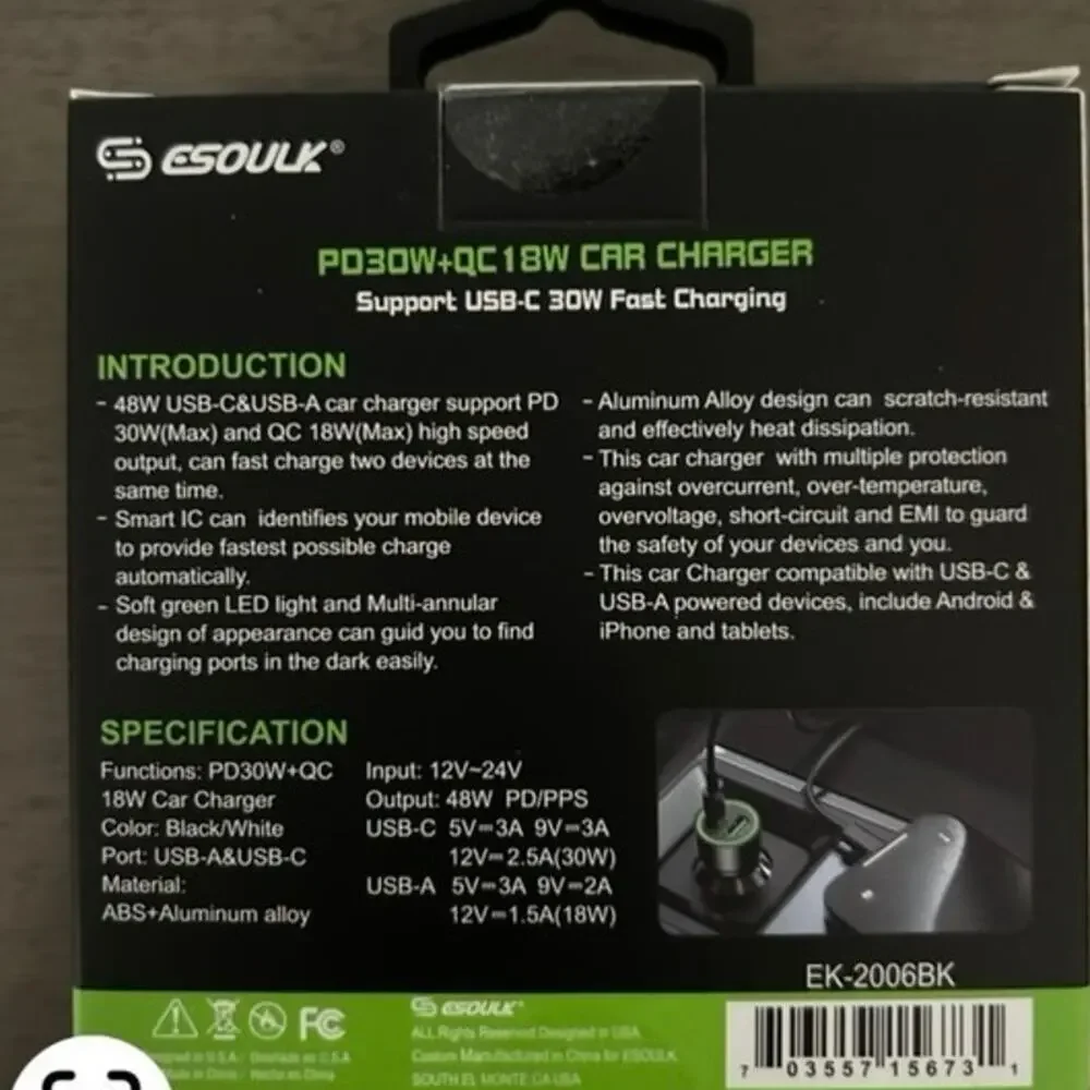 ESOULK 48W Fast Charge Car Charger PD30W QC18W Aluminum USB‑C USB Adapter